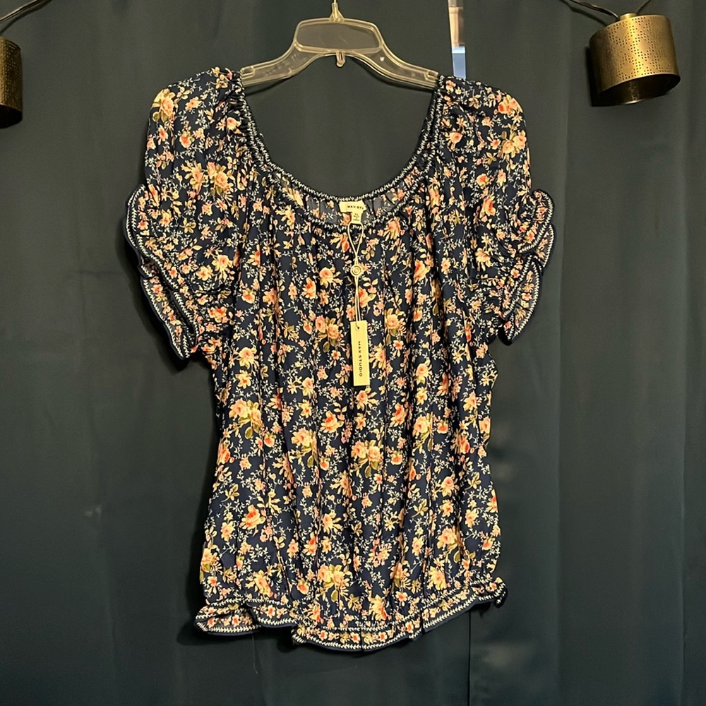 Blue top with pink flowers